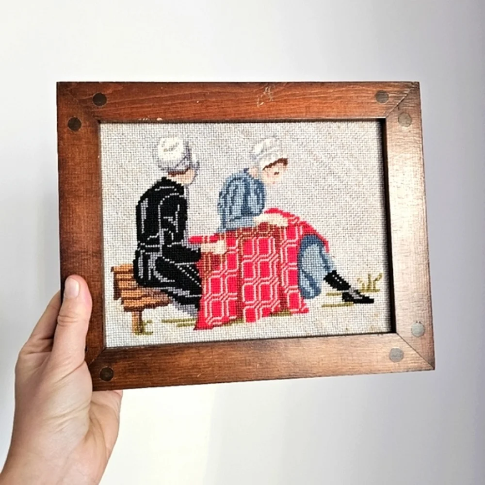 Vintage Needlework c1950 Amish Midcentury Embroidery Wood Frames Country Decor